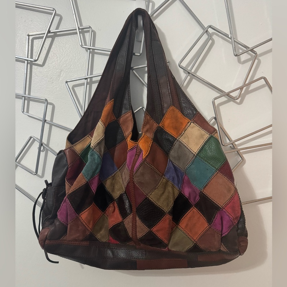 RARE Lucky Brand Boho Indie Multicolored Suede Leather Hobo Bag - Picture 3 of 10